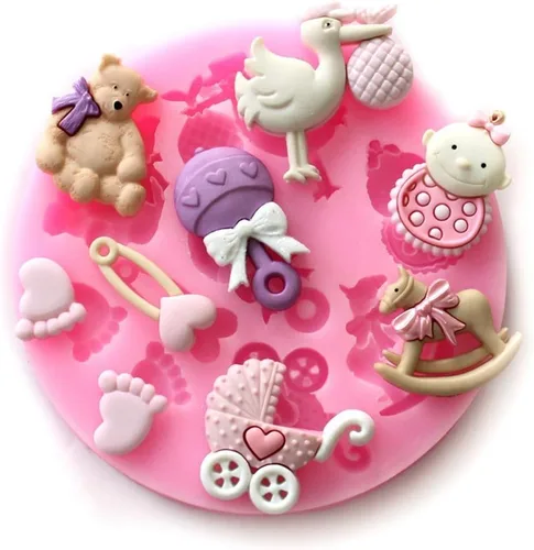 Mini molde de silicona para azúcar, fondant y tarta, tema de baby shower, color rosa