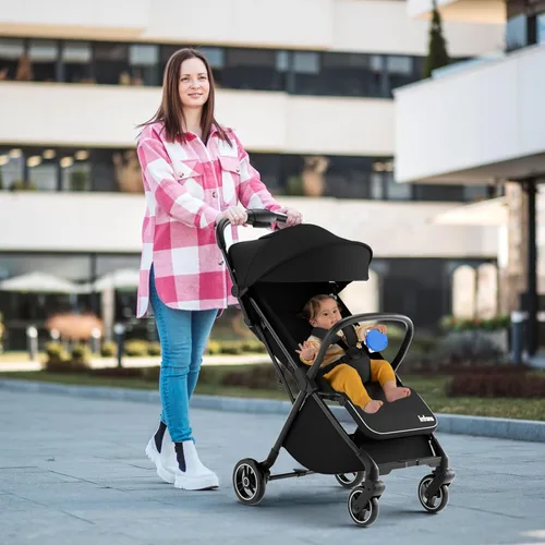 Miniatura 2 de INFANS Cochecito de viaje plegable ultracompacto listo para avión, plegado por gravedad con una sola mano cerca del asiento reclinable plano, Negro
