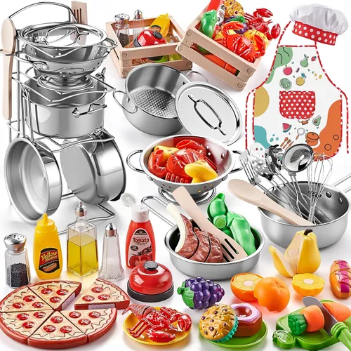 Accesorios de Cocina de Juguete, Juego de Cocina de Acero Inoxidable Grande para Niños Pequeños, Juego de Cocina Infantil con Alimentos de Juguete