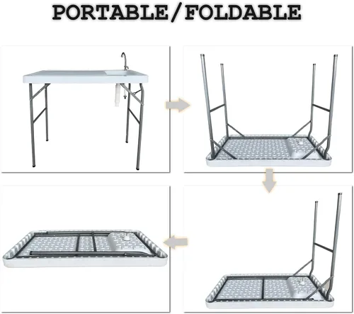 Miniatura 5 de Mesa plegable de grado comercial de 3.8 pies, mesa de limpieza con fregadero y grifo, plegable por la mitad moldeada por soplado, portátil