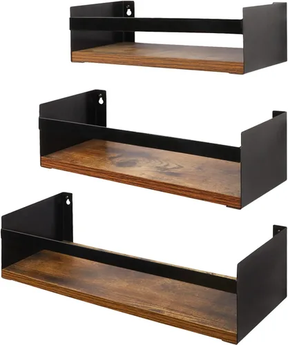 Giftgarden Juego de 3 estantes flotantes negros para pared, estante de pared grueso industrial con soporte de riel de hierro para almacenamiento,