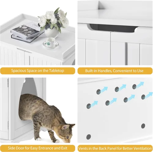 Miniatura 6 de Yaheetech Caja de arena para gatos, muebles de arena ocultos, baño para gatos, jaula para mascotas, banco de almacenamiento decorativo para Blanco