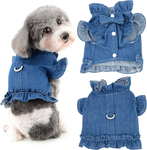 Miniatura 8 de Arnés para perro pequeño, vestido para niña, chaleco para mascotas, camisa de mezclilla para cachorro, gato, traje de verano con volantes, azul claro