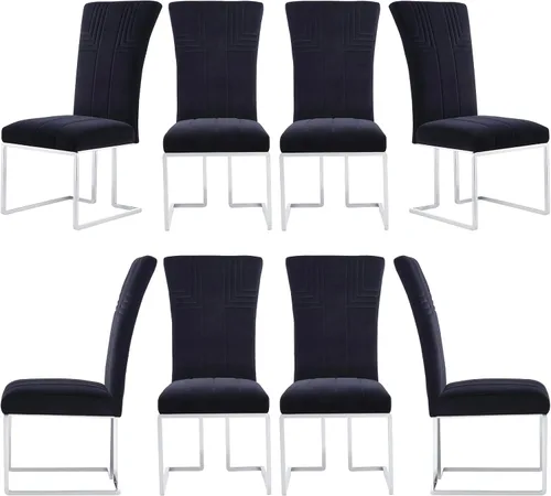 Miniatura 11 de AUZ Juego de 6 sillas de comedor negras y doradas, sillas tapizadas de terciopelo negro con patas de trineo de acero inoxidable pulido, sillas