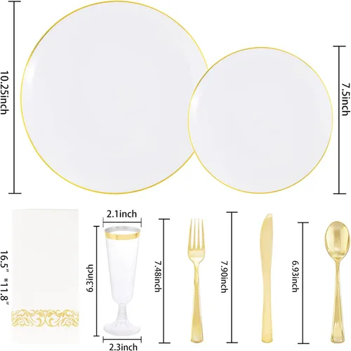 Miniatura 7 de Liacere 175 piezas de platos de plástico blanco y dorado - El juego dorado incluye 50 platos de plástico, 25 tenedores, 25 cucharas, 25 cuchillos