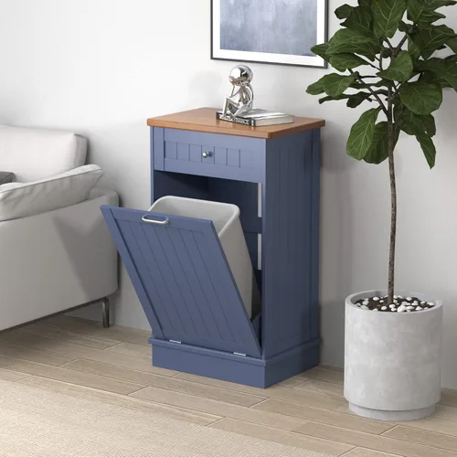 Miniatura 2 de TOLEAD - Gabinete de basura extraíble, isla de cocina estilo antiguo con tablero de perlas, superficie de madera maciza y cajón, gabinete de Azul