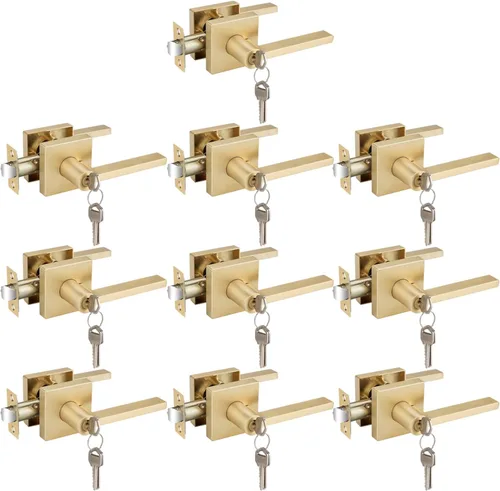Miniatura 25 de EHOMEWARE Juego de manijas de puerta delantera doradas, palanca de puerta cuadrada resistente de latón y cerrojo de un solo cilindro reversible