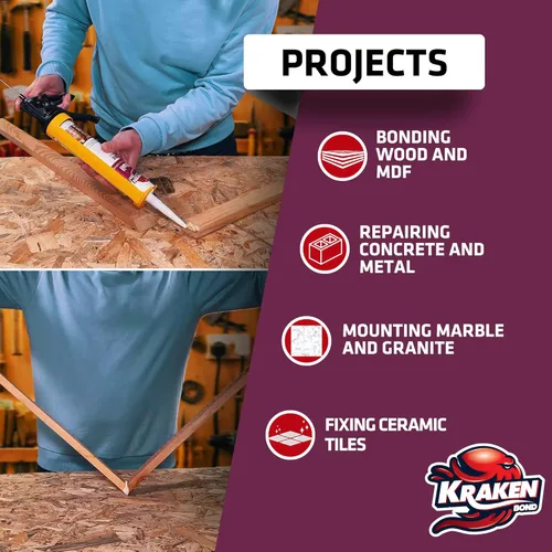 Miniatura 4 de KRAKEN BOND No More Nails - Adhesivo de poliuretano transparente, 100% impermeable (D4) y sellador para madera, cerámica, azulejos, pisos, granito
