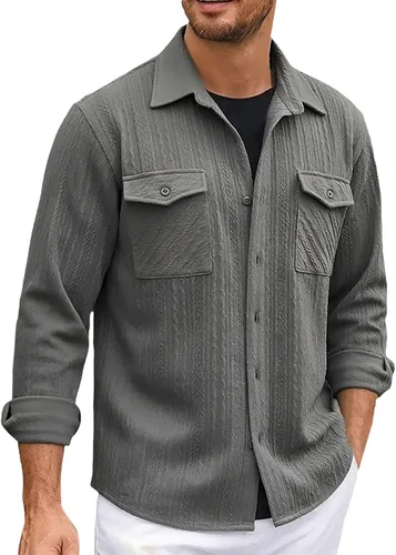 Miniatura 30 de Camisas con botones para hombre, casual, de manga larga, con cuello jacquard, texturizada, ligera, sobrecamisa, sobrecamisa