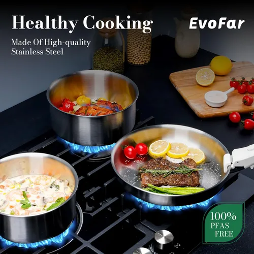 Miniatura 8 de Juego de 14 utensilios de cocina de acero inoxidable, juego de ollas y sartenes desmontables con mango extraíble, no tóxico, ahorro de espacio