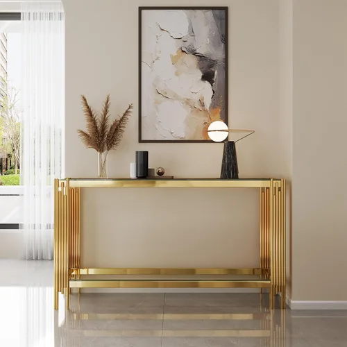 Miniatura 227 de Mesa de centro de cristal de lujo, mesa de centro de sofá de 47 pulgadas con marco de acero inoxidable dorado y parte superior de vidrio negro, mesa