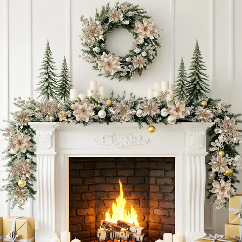 Miniatura 4 de N&T NIETING - Kit de 24 piezas de flores artificiales de Pascua y tallos con bayas y purpurina para Navidad, adornos florales para árbol de Navidad