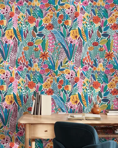 Papel tapiz floral escandinavo, papel tapiz botánico autoadhesivo extraíble, papel tapiz colorido para despegar y pegar (1 rollo de 24 pulgadas de