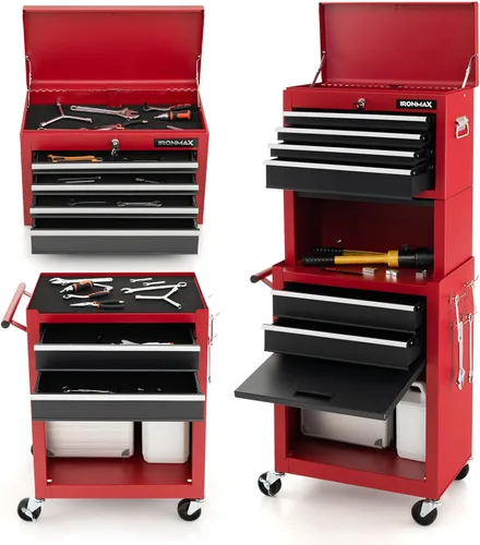 ERGOMASTER Cofre de herramientas con ruedas - Caja superior extraíble, gabinete grande inferior con ruedas y sistema de bloqueo - Caja de Negro&rojo
