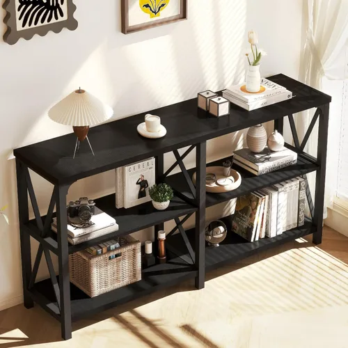 Miniatura 7 de LVB Mesa Consola Negra, Mesa de Entrada Moderna con 3 Niveles de Estantes de Almacenamiento, Mesa de Sofá Industrial Detrás del Sofá para Sala