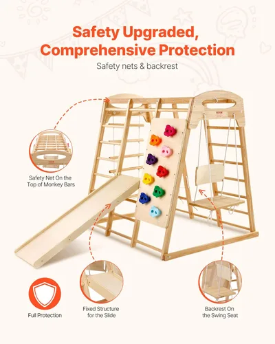 Miniatura 5 de VEVOR Gimnasio interior de la selva, parque infantil 7 en 1, 47.2 x 58 x 56 pulgadas, con escalera de madera y cuerda, escalera de red, columpio