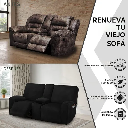 Miniatura 3 de ULTICOR Funda para Sofá de Dos Plazas Reclinable con Consola del Medio, Fundas de Sofá Reclinable de Terciopelo Elástico de 8 Piezas, Gruesas, Negro