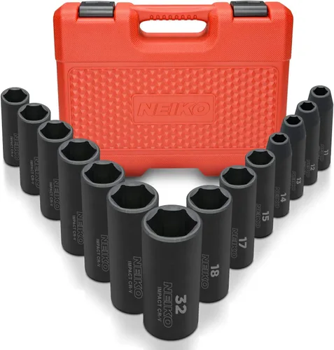 Neiko 02475A - Juego de llaves de cubo de impacto profundo de 1/2 pulgada, 14 piezas, tamaños métricos de 6 puntos (11-32 mm), acero Cr-V