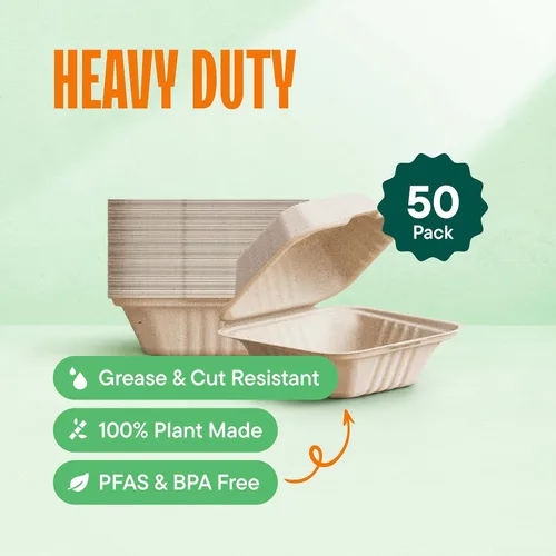 Miniatura 2 de Recipientes de alimentos 100% compostables para llevar [6 x 6 pulgadas, paquete de 50 unidades] Contenedores de calidad resistente, bagazo