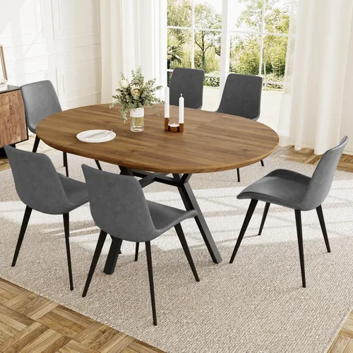 Miniatura 7 de HIPIHOM Juego de mesa de comedor redonda extensible para 6 personas, mesa de cocina extensible de 43.3 a 59.1 pulgadas con 6 sillas tapizadas, Mesa