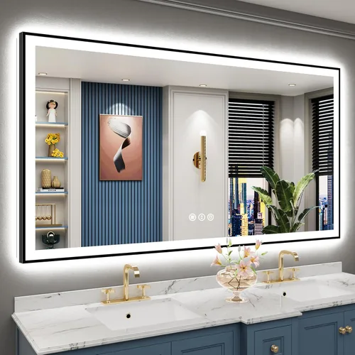 Miniatura 88 de 30x36 Espejo de baño LED con luces, retroiluminado y luz frontal, espejo de tocador iluminado antivaho para pared de baño, 3 colores, regulable