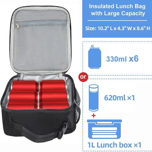Miniatura 2 de Lonchera aislada, a prueba de fugas, portátil, para mujeres, hombres, niños y niñas, bolsa enfriadora de gran capacidad con asa y bolsillo para Negro