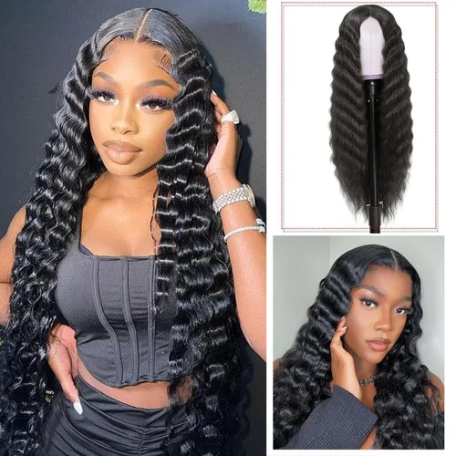Miniatura 2 de INSTASTYLE Pelucas Rizadas Sintéticas de 30 Pulgadas para Mujeres Peluca de Cabello Largo Negro Frente de Encaje 4" Cuero Cabelludo Simulado Natural