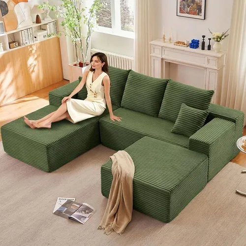 Miniatura 17 de Sofá modular de 95 pulgadas con otomana, moderno sofá nube de pana con asiento profundo, sofá sin hueso tapizado de 3 plazas en forma de U para sala
