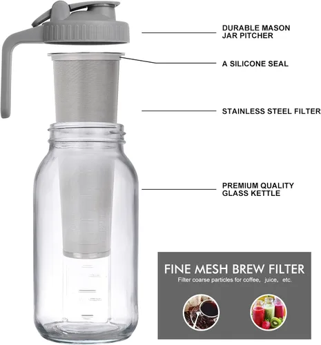 Miniatura 4 de Cafetera helada en tarro de cerveza fría, vidrio duradero, 64 onzas (2 cuartos de galón/1.9 litros), con asa y filtro de acero inoxidable para café