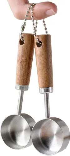 JASHII Juego de tazas medidoras de 0.5 fl oz/0.47 oz con mango de madera, 2 cucharas medidoras de acero inoxidable plateado, juego de utensilios de