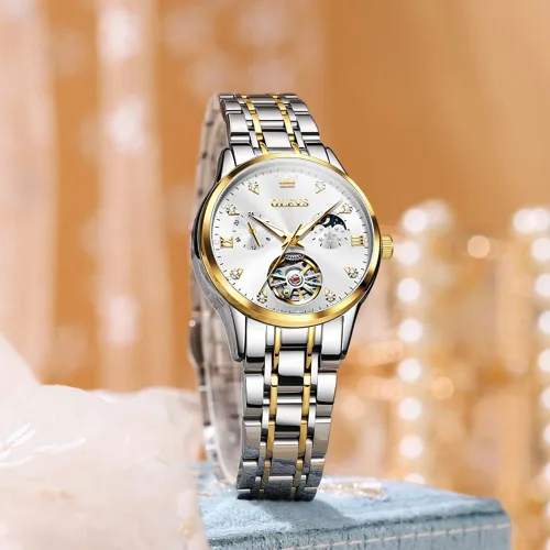 Miniatura 6 de OLEVS Relojes automáticos de diamante Tourbillon para mujer, de cuerda automática, de moda, de acero inoxidable, fase lunar, impermeable, luminoso