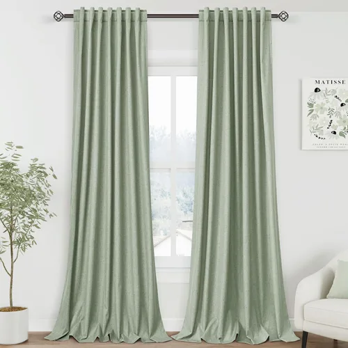 Miniatura 28 de Cortinas de lino 100% opacas para dormitorio, 102 pulgadas de largo, con pestaña trasera, bolsillo para barra, paneles acústicos con aislamiento