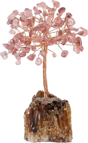 Miniatura 14 de mookaitedecor Árbol de cristal de peridoto natural sobre base de racimo de calcita ámbar, adorno de árbol de dinero de Feng Shui para decoración