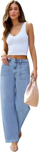 Miniatura 4 de Jeans cargo para mujer, de cintura alta, pierna ancha, con bolsillo de solapa, Y2K, jeans de carpintero para mujer, pantalones cargo de mezclilla