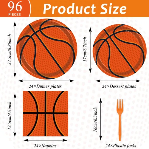 Miniatura 2 de Juego de vajilla de baloncesto de 96 piezas, platos desechables para fiestas deportivas, servilletas, tenedores, decoraciones de fiesta