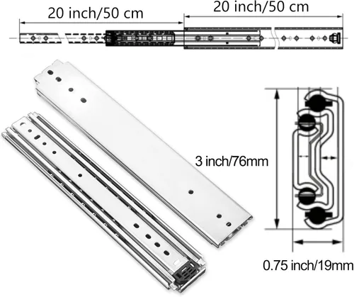 Miniatura 6 de 1 par de guías de cajón resistentes de 20 pulgadas y 500 libras con tornillos, montaje lateral, extensión completa, 3 rodamientos de bolas