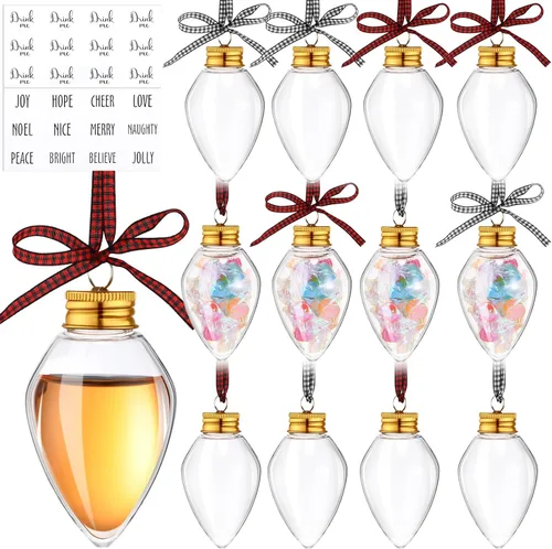 Miniatura 12 de Kajaia 12 bolas de alcohol de Navidad, adornos de árbol rellenables de Navidad con calcomanías de cinta de cuadros de búfalo, adornos de plástico