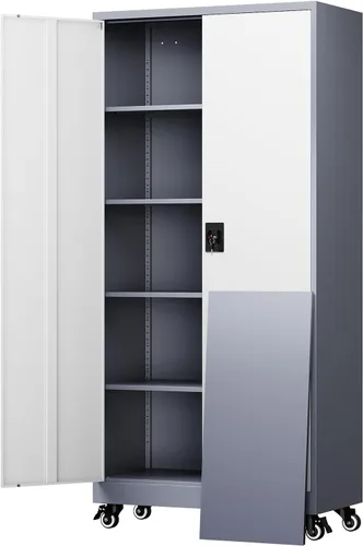Miniatura 21 de Yizosh Armario de almacenamiento de metal para garaje con 2 puertas y 5 estantes ajustables, gabinete de archivo de acero con cerradura de 71
