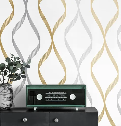 Miniatura 6 de NextWall Ogee Ribbon - Papel tapiz autoadhesivo (plateado y dorado)