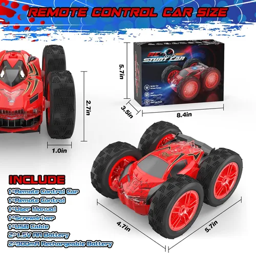 Miniatura 6 de Auto de control remoto para niños, autos de acrobacias RC para niños de 4 a 7 años con luces LED y doble cara para regalo de cumpleaños de Pascua