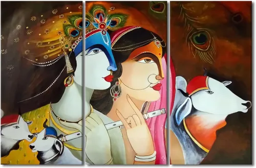 Miniatura 53 de Pintura india hindú Dios Señor Krishna imágenes sobre lienzo, arte de pared de 3 piezas, arte de pared moderno, decoración del hogar para sala