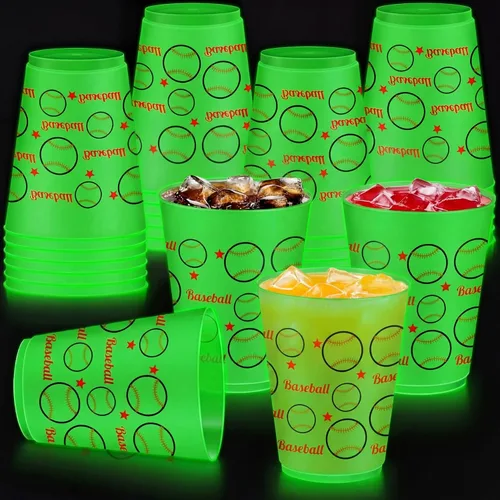 Miniatura 9 de Juego de 24 vasos de plástico esmerilado de 16 onzas que brillan en la oscuridad, vaso verde reutilizable con tréboles, tréboles, duendes, sombrero