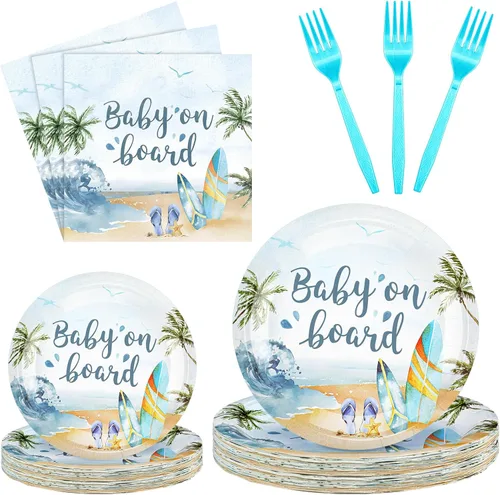 Miniatura 8 de Sunnyray 96 platos y servilletas para baby shower, suministros de decoración de fiesta, baby shower, platos de postre, servilletas y tenedores