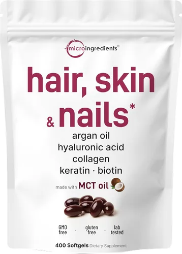 Micro Ingredients Vitaminas para el cabello, la piel y las uñas para mujeres y hombres, 400 cápsulas blandas con aceite MCT, aceite de argán 22 en