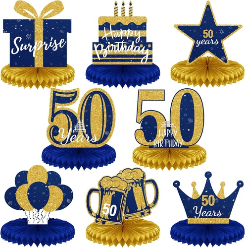 Spakon 8 Piezas Decoraciones de Mesa Centros de Mesa de Panal con Purpurina Adornos de Mesa Decoraciones de Fiesta para Hombres y Mujeres Azul dorado