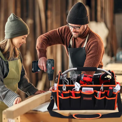 Miniatura 7 de Kowsinde Bolsa de herramientas de 16 pulgadas, bolsa de herramientas para electricista, bolsas de herramientas con parte superior abierta, 26 Naranja