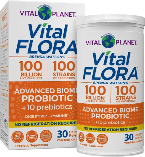 Vital Planet - Probiótico avanzado Vital Flora 100 mil millones de UFC, 100 cepas diversas, 10 prebióticos orgánicos, apoyo inmunológico,