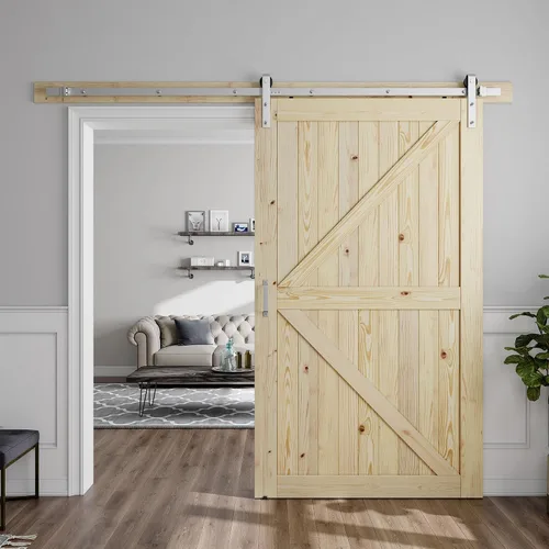 Miniatura 9 de SMARTSTANDARD Puerta corrediza de granero de 24 x 80 pulgadas con kit de herrajes y mango de níquel cepillado de 5 pies, se requiere un montaje