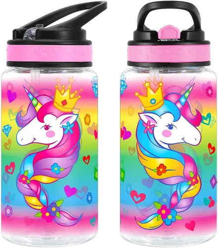 Miniatura 2 de Botella de agua de 15 onzas para niños, niñas, niños, escuela, sin BPA, a prueba de fugas, popote abatible, lazo de transporte, fácil de limpiar