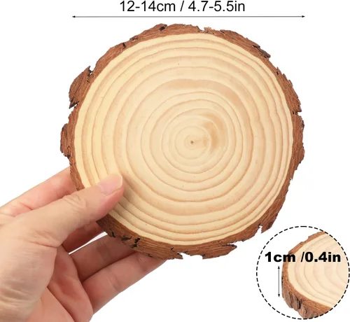 Miniatura 2 de 60 piezas de rebanadas de madera natural de 4.7 a 5.5 pulgadas, círculos de madera de pino sin terminar con cortezas para posavasos, manualidades